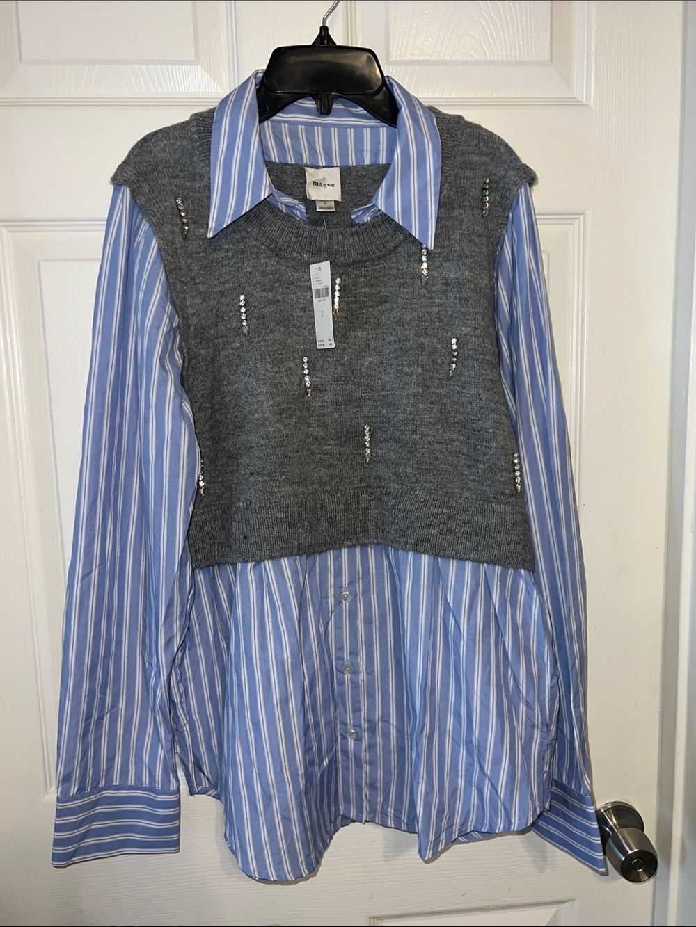 Maeve Layered Striped Button Shirt with Cropped Knit Vest
